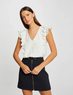 Tops Et T-Shirts>Morgan T-Shirt Manches Courtes Brode A Volants Femme | Ecru