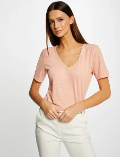 Tops Et T-Shirts>Morgan T-Shirt Manches Courtes Col En V Rose Moyen Femme | Rose_Moyen
