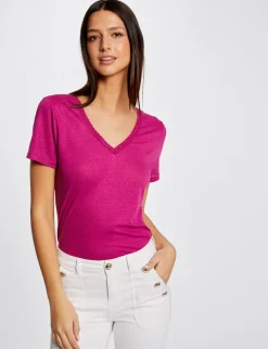 Tops Et T-Shirts>Morgan T-Shirt Manches Courtes Col En V Femme | Framboise