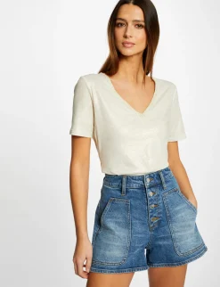 Tops Et T-Shirts>Morgan T-Shirt Manches Courtes Col En V Femme | Ecru