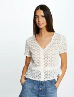 Tops Et T-Shirts>Morgan T-Shirt Manches Courtes En Dentelle Femme | Ecru