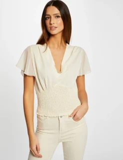 Tops Et T-Shirts>Morgan T-Shirt Manches Courtes Smocke Ecru Moyen Femme | Ecru_Moyen