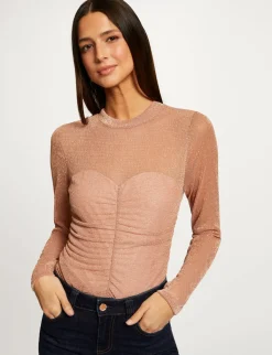Tops Et T-Shirts>Morgan T-Shirt Manches Longues A Fronces Vieux Rose Femme | Vieux_Rose