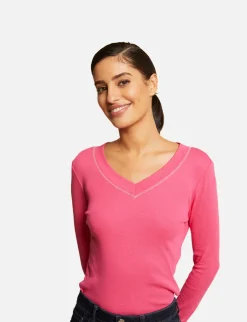 Tops Et T-Shirts>Morgan T-Shirt Manches Longues Avec Col En V Femme | Fuchsia