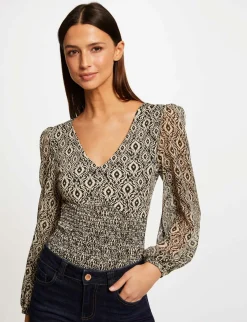 Tops Et T-Shirts>Morgan T-Shirt Manches Longues Smocke Imprime Femme | Multico