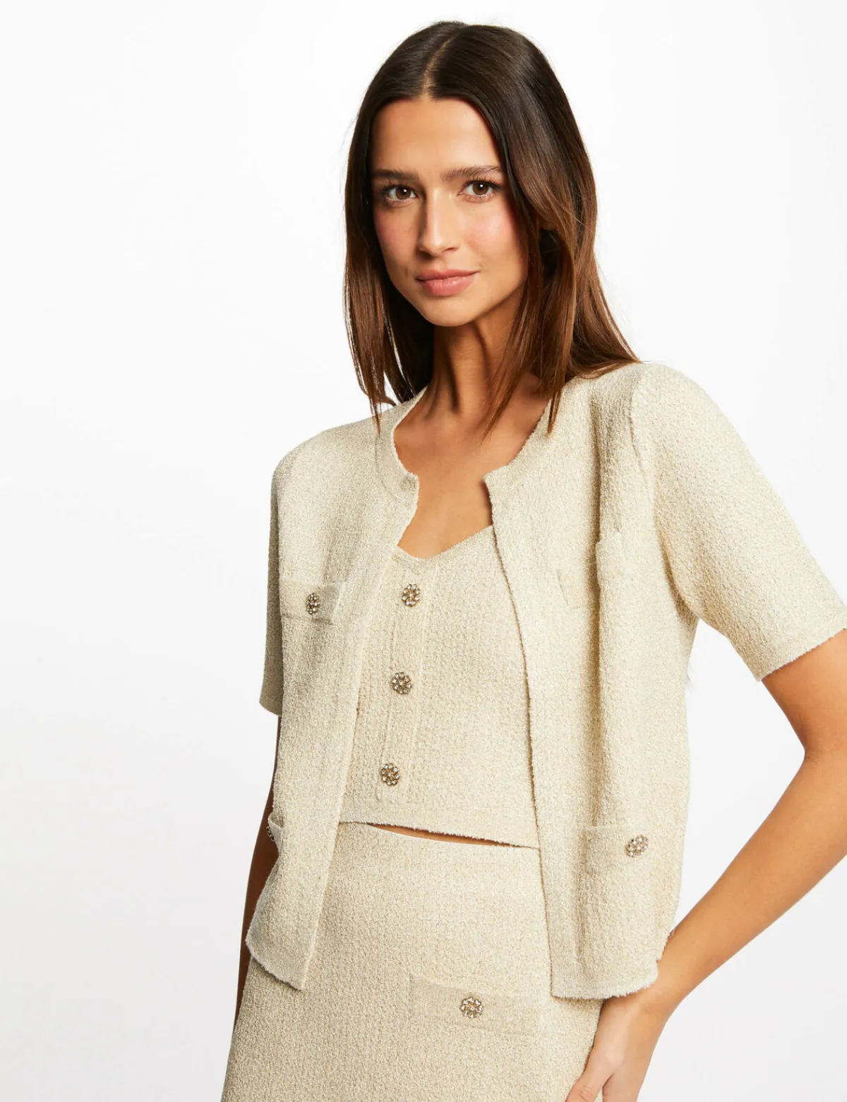 Gilets>Morgan Veste Droite Avec Fils Metallises Femme | Ecru